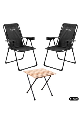 2 Adet Katlanır Kamp Sandalyesi ve Masa Seti - Rest - Siyah - 130 KG Taşıma