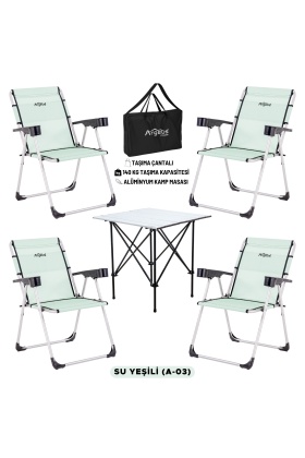 4 Adet Katlanır Kamp Sandalyesi ve Alüminyum Masa Seti - Rock Silver - Su Yeşili - Taşıma Çantalı