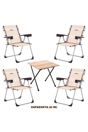 4 Adet Katlanır Kamp Sandalyesi ve Masa Seti - Rock - Kapadokya - Bardaklıklı - 140 KG