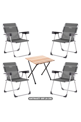 4 Adet Katlanır Kamp Sandalyesi ve Masa Seti - Rock - Antrasit - Bardaklıklı - 140 KG