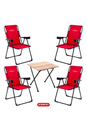 4 Adet Katlanır Kamp Sandalyesi ve Masa Seti - Rest - Kırmızı - 130 KG Taşıma