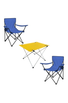 2 Adet Katlanır Kamp Sandalyesi ve Masa Seti - (DY.001) - Lacivert/Sarı - Plaj Sandalyesi