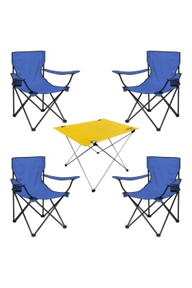 4 Adet Katlanır Kamp Sandalyesi ve Masa Seti - (DY.001) - Lacivert/Sarı - Plaj Sandalyesi