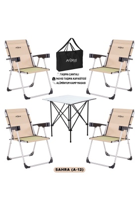 4 Adet Katlanır Kamp Sandalyesi ve Alüminyum Masa Seti - Rock Silver - Sahra - Taşıma Çantalı