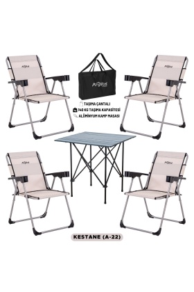 4 Adet Katlanır Kamp Sandalyesi ve Alüminyum Masa Seti - Rock Dark - Kestane - Taşıma Çantalı