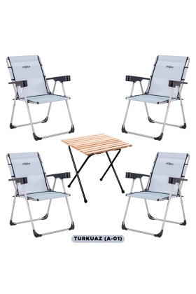 4 Adet Katlanır Kamp Sandalyesi ve Masa Seti - Rock - Turkuaz - Bardaklıklı - 140 KG