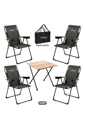 4 Adet Katlanır Kamp Sandalyesi ve Masa Seti - Rest - Taşıma Çantalı - Haki - 130 KG Taşıma
