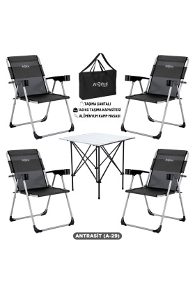 4 Adet Katlanır Kamp Sandalyesi ve Alüminyum Masa Seti - Rock Silver - Antrasit - Taşıma Çantalı