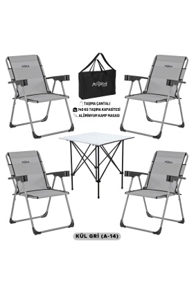 4 Adet Katlanır Kamp Sandalyesi ve Alüminyum Masa Seti - Rock Silver - Kül Gri - Taşıma Çantalı