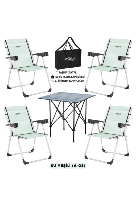 4 Adet Katlanır Kamp Sandalyesi ve Alüminyum Masa Seti - Rock Dark - Su Yeşili - Taşıma Çantalı