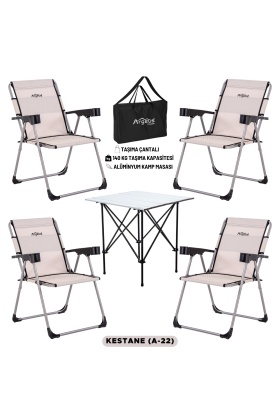 4 Adet Katlanır Kamp Sandalyesi ve Alüminyum Masa Seti - Rock Silver - Kestane - Taşıma Çantalı