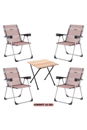 4 Adet Katlanır Kamp Sandalyesi ve Masa Seti - Rock - Kiremit - Bardaklıklı - 140 KG