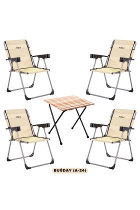 4 Adet Katlanır Kamp Sandalyesi ve Masa Seti - Rock - Buğday - Bardaklıklı - 140 KG
