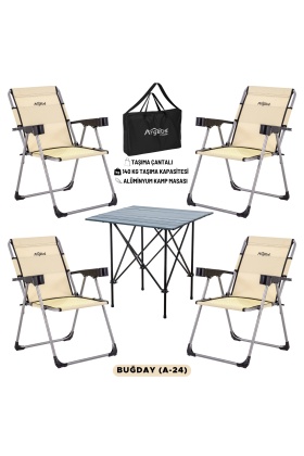 4 Adet Katlanır Kamp Sandalyesi ve Alüminyum Masa Seti - Rock Dark - Buğday - Taşıma Çantalı