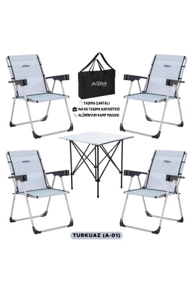 4 Adet Katlanır Kamp Sandalyesi ve Alüminyum Masa Seti - Rock Silver - Turkuaz - Taşıma Çantalı