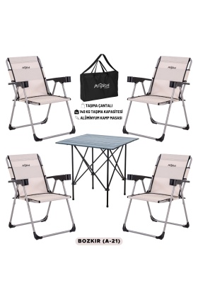 4 Adet Katlanır Kamp Sandalyesi ve Alüminyum Masa Seti - Rock Dark - Bozkır - Taşıma Çantalı