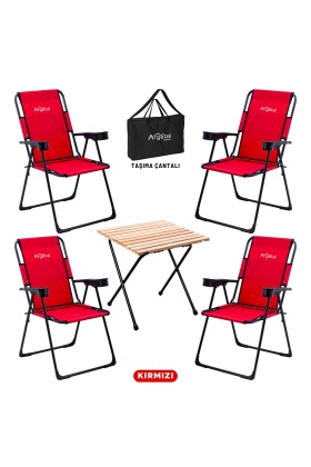 4 Adet Katlanır Kamp Sandalyesi ve Masa Seti - Rest - Taşıma Çantalı - Kırmızı - 130 KG Taşıma