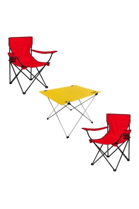 2 Adet Katlanır Kamp Sandalyesi ve Masa Seti - (DY.001) - Kırmızı/Sarı - Plaj Sandalyesi