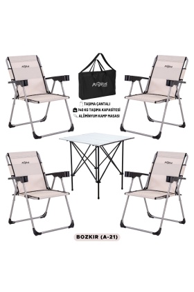 4 Adet Katlanır Kamp Sandalyesi ve Alüminyum Masa Seti - Rock Silver - Bozkır - Taşıma Çantalı