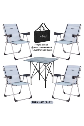4 Adet Katlanır Kamp Sandalyesi ve Alüminyum Masa Seti - Rock Dark - Turkuaz - Taşıma Çantalı