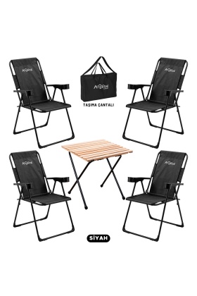4 Adet Katlanır Kamp Sandalyesi ve Masa Seti - Rest - Taşıma Çantalı - Siyah - 130 KG Taşıma