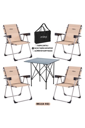 4 Adet Katlanır Kamp Sandalyesi ve Alüminyum Masa Seti - Rock Dark - Bej - Taşıma Çantalı