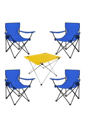 4 Adet Katlanır Kamp Sandalyesi ve Masa Seti - (DY.001) - Mavi/Sarı - Plaj Sandalyesi