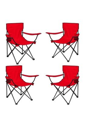 4 Adet Katlanır Kamp Sandalyesi - Piknik Plaj Sandalyesi - (DY.001) - Kırmızı - Taşıma Çantalı