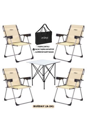 4 Adet Katlanır Kamp Sandalyesi ve Alüminyum Masa Seti - Rock Silver - Buğday - Taşıma Çantalı