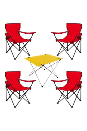4 Adet Katlanır Kamp Sandalyesi ve Masa Seti - (DY.001) - Kırmızı/Sarı - Plaj Sandalyesi
