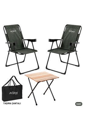 2 Adet Katlanır Kamp Sandalyesi ve Masa Seti - Rest - Taşıma Çantalı - Haki - 130 KG Taşıma