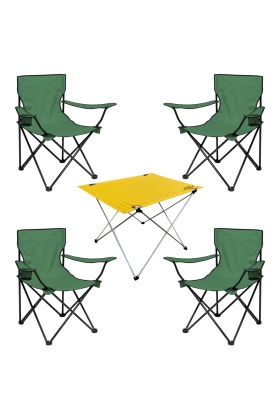 4 Adet Katlanır Kamp Sandalyesi ve Masa Seti - (DY.001) - Haki/Sarı - Plaj Sandalyesi