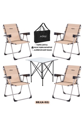 4 Adet Katlanır Kamp Sandalyesi ve Alüminyum Masa Seti - Rock Silver - Bej - Taşıma Çantalı