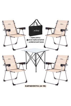 4 Adet Katlanır Kamp Sandalyesi ve Alüminyum Masa Seti - Rock Silver - Kapadokya - Taşıma Çantalı
