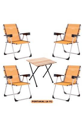 4 Adet Katlanır Kamp Sandalyesi ve Masa Seti - Rock - Portakal - Bardaklıklı - 140 KG