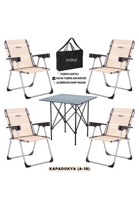 4 Adet Katlanır Kamp Sandalyesi ve Alüminyum Masa Seti - Rock Dark - Kapadokya - Taşıma Çantalı