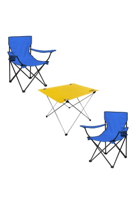 2 Adet Katlanır Kamp Sandalyesi ve Masa Seti - (DY.001) - Mavi/Sarı - Plaj Sandalyesi