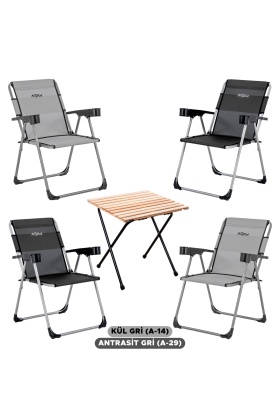 4 Adet Katlanır Kamp Sandalyesi ve Masa Seti - Rock - Kül Gri / Antrasit - Bardaklıklı - 140 KG
