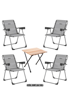 4 Adet Katlanır Kamp Sandalyesi ve Masa Seti - Rock - Kül Gri A14 - Bardaklıklı - 140 KG