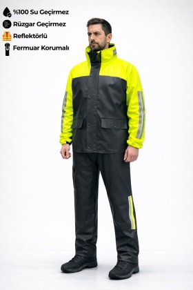 Alt Üst Takım Yağmurluk - Motorcu Yağmurluk - Sarı/Siyah - %100 Su Geçirmez Esnek Kumaş