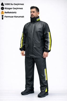 Alt Üst Takım Yağmurluk - Motorcu Yağmurluk - Siyah Fosforlu - %100 Su Geçirmez Esnek Kumaş