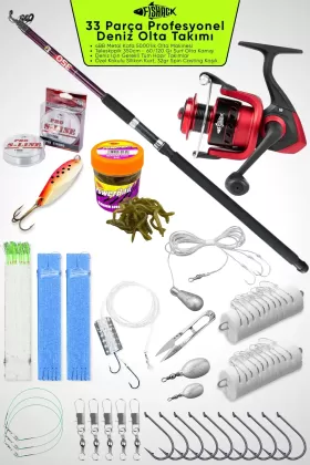 33 Parça Profesyonel Deniz Olta Takımı Seti - Mor - 350cm Kamış 60/120gr / 50lik Metal Kafa Makine