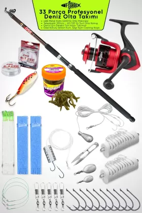 33 Parça Profesyonel Deniz Olta Takımı Seti - Kahve - 350cm Kamış 60/120gr / 50lik Metal Kafa Makine
