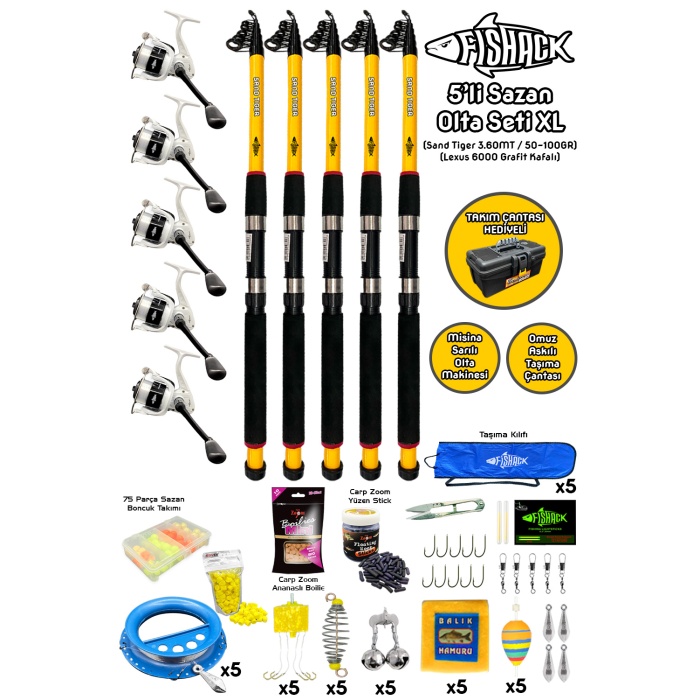Tam Takım Sazan Olta Seti - 5'li Set - XL - 3.60MT/50-100GR