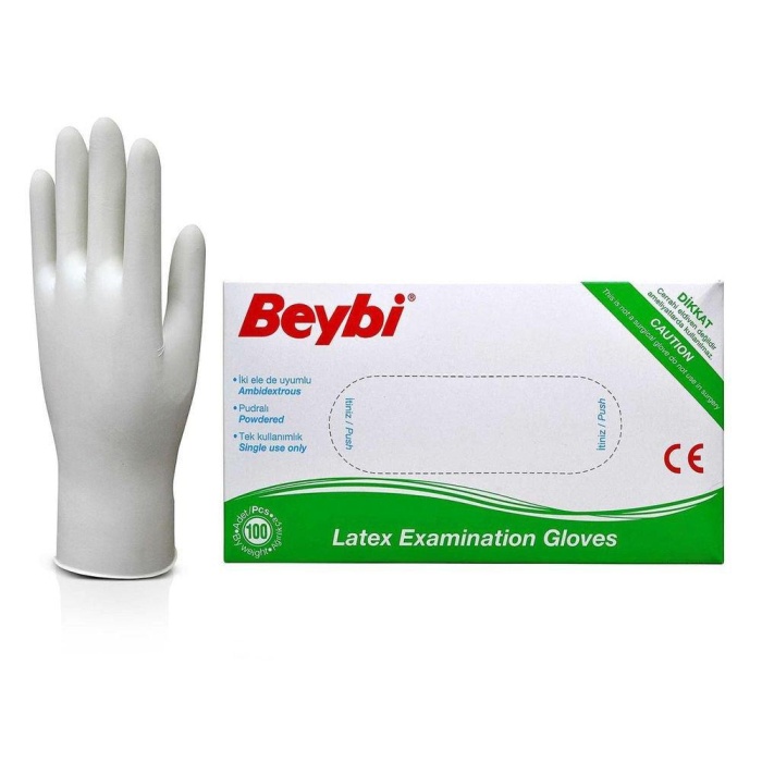 Beybi Pudralı Beyaz Lateks Muayene Eldiveni 100lü L