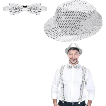 Gümüş Payetli Şapka ve Papyon Seti – Parıltılı Yetişkin Kostüm Seti