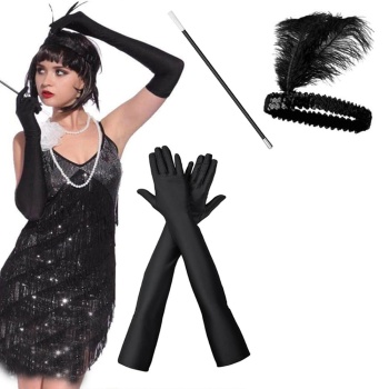1920ler Gatsby Aksesuar Seti – Siyah Charleston Saç Bandı, Uzun Eldiven & Sigaralık