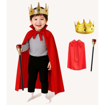 Çocuk Kral Kostüm Seti – Kırmızı Pelerin, Taç ve Asa (90 cm)
