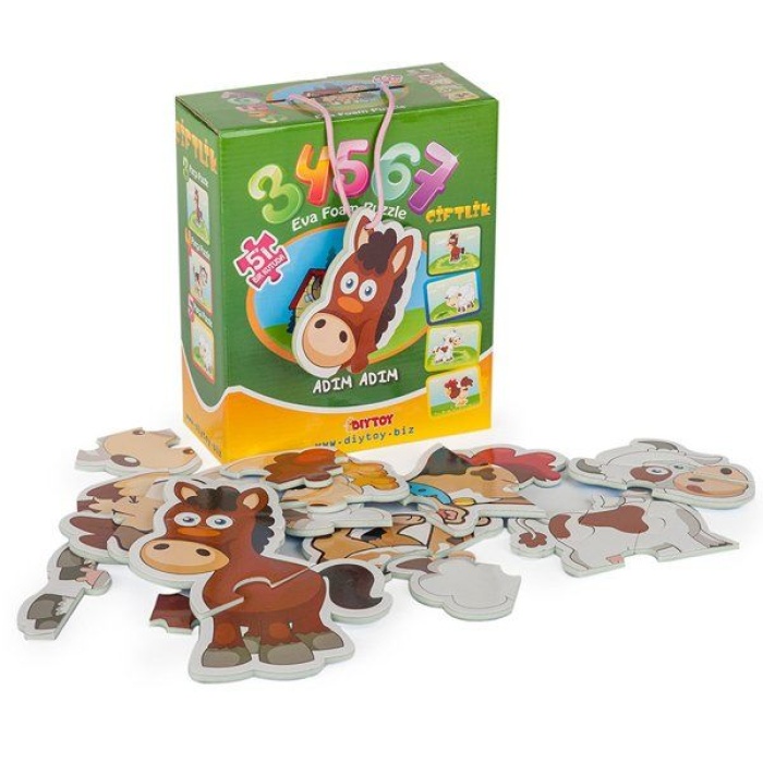 8018 DıyToy Süper Renkli 5i1 Kutuda Puzzle - Çiftlik / 3+4+5+6+7 Parça Puzzle