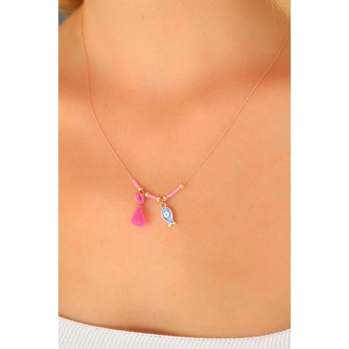 Nazar Boncuklu Pembe Renk Taşlı Rose Bayan Kolye